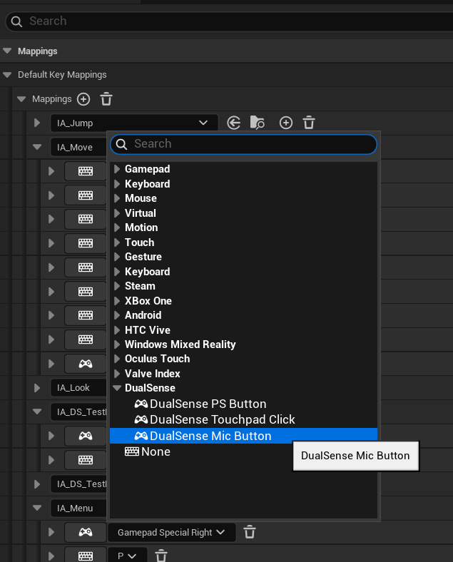 The DualSense category in the key picker of an Input Mapping Context